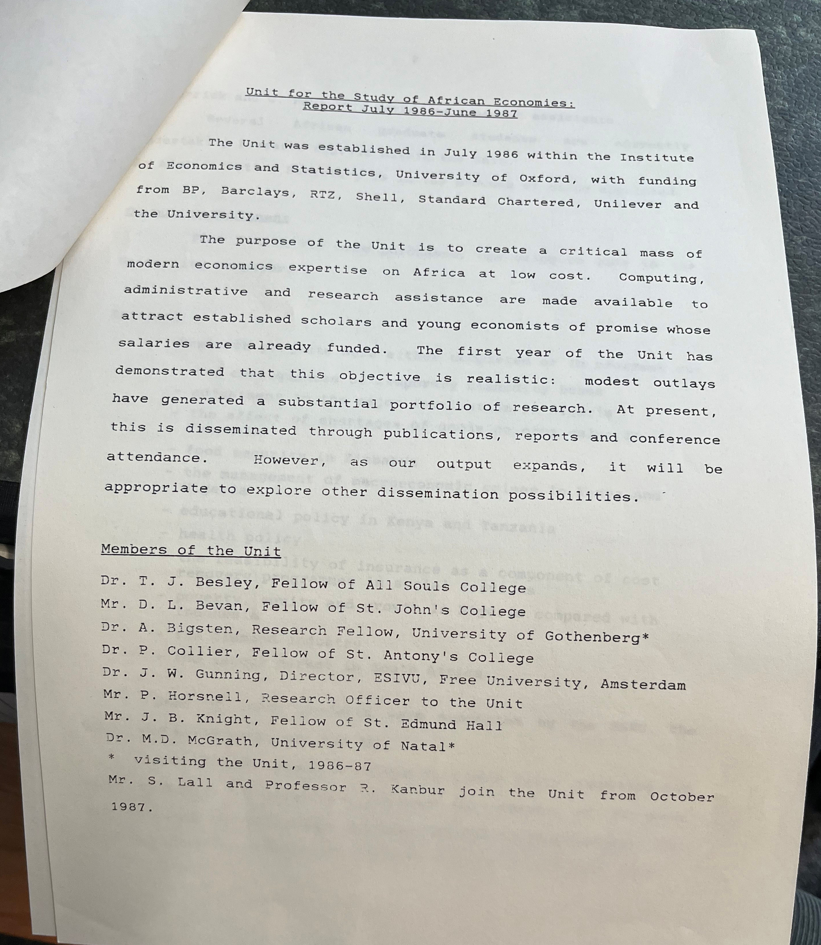  Unit for the Study of African Economies Report, July 1986 - June 1987