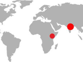 World map with red dots on Kenya, Uganda, Nepal, India and the Phillipines