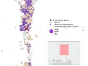 Map of the distribution of WFP cash to households along the Jamuna River in northern Bangladesh