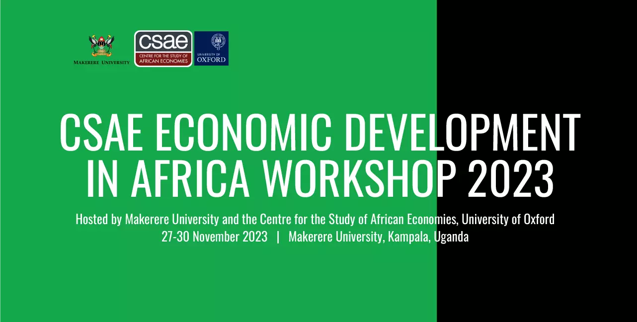 CSAE Economic Development in Africa Workshop 2023 graphic with green and black background and CSAE and Makerere University logos