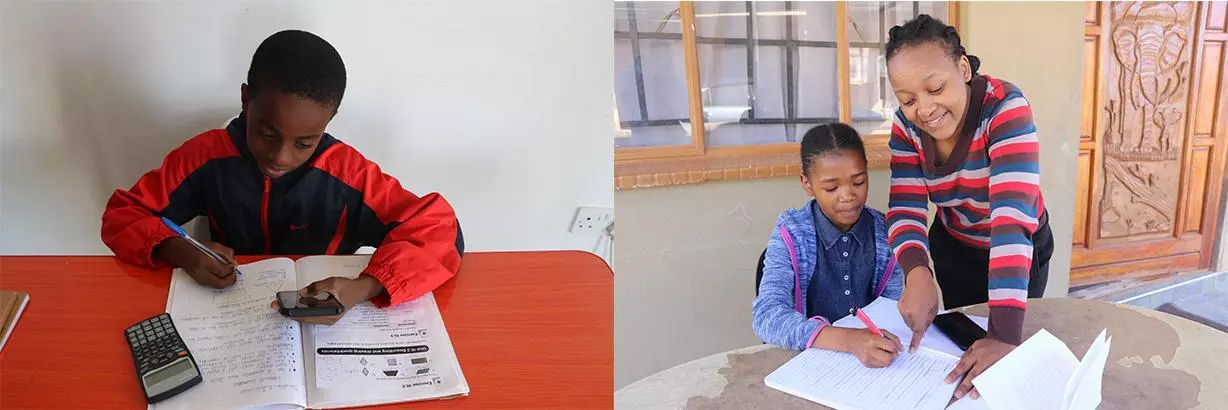 Boy sitting at a table doing work in a book while looking at his phone. Next photo of girl working on a workbook with help from a learning practitioner