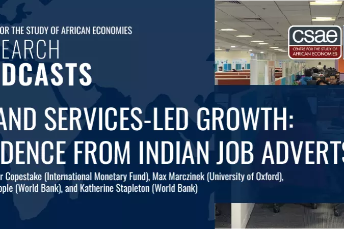 AI and services led growth podcast graphic with image of people at computers in an office in India
