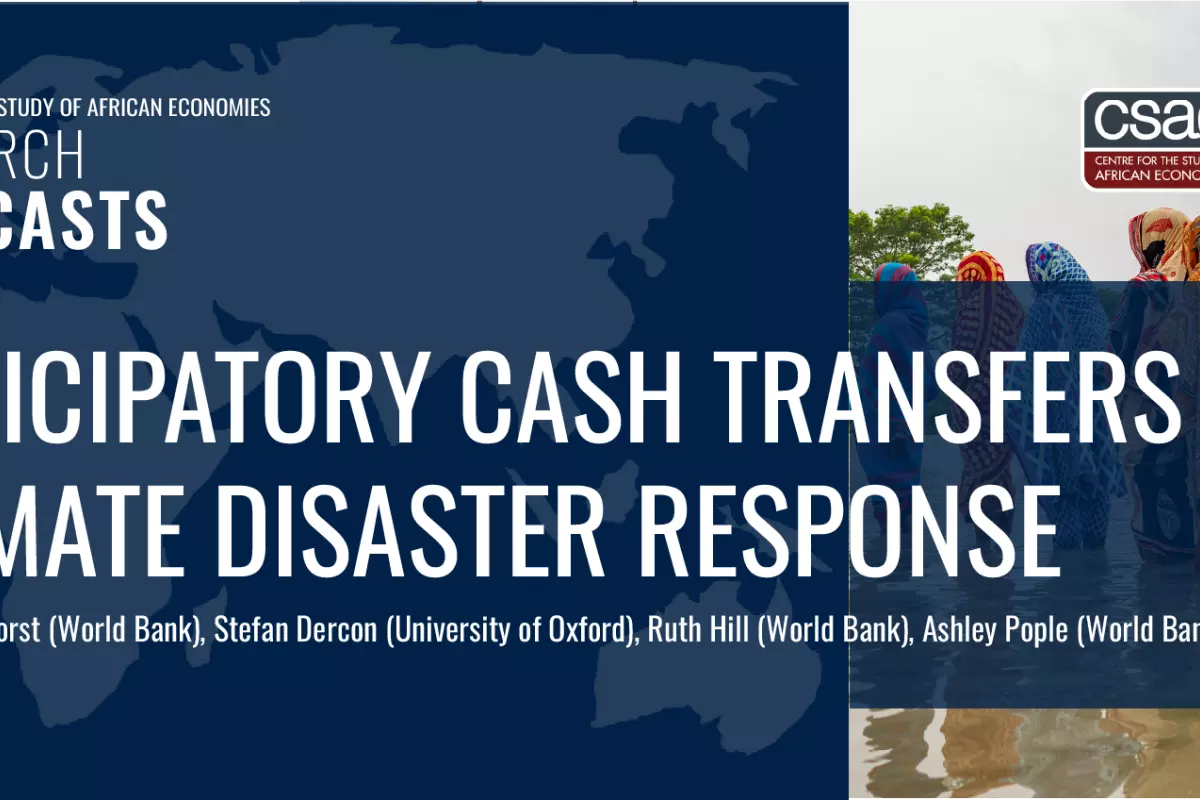Anticipatory Cash Transfers in Climate Disaster Response podcast graphic with women waiting in a queue in Bangladesh in floor water