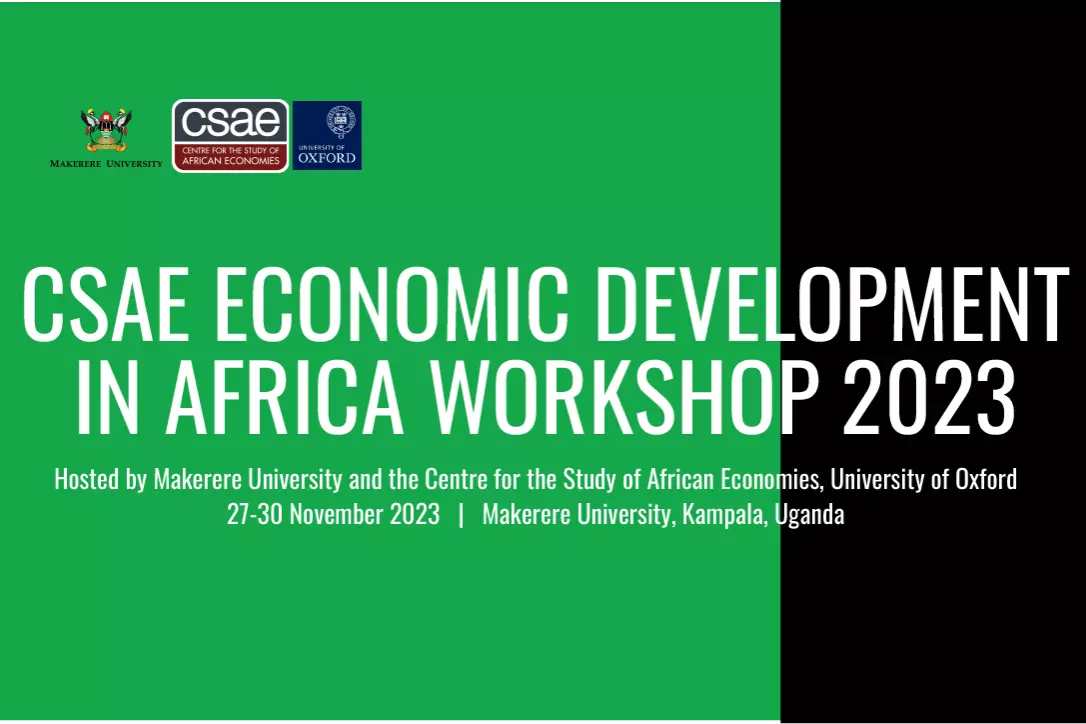 CSAE Economic Development in Africa Workshop 2023 graphic with green and black background and CSAE and Makerere University logos