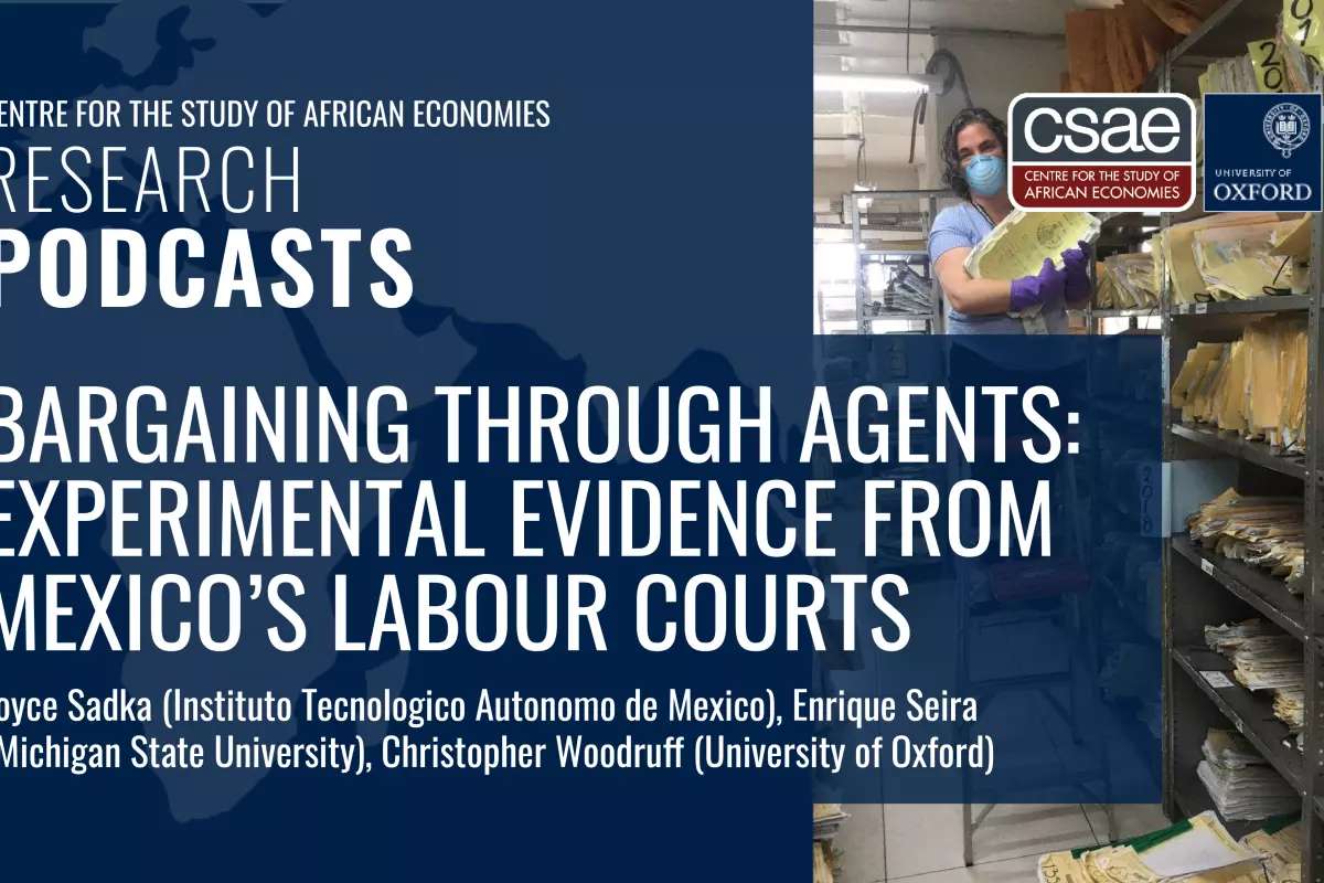 Graphic for CSAE Research Podcast epsiode Bargaining through Agents. Includes photo of Joyce Sadka tracking case files in the archives of the labour court during the COVID-19 pandemic