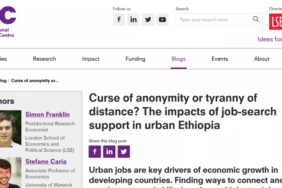 Screenshot of The curse of anonymity and the tyranny of distance: The impacts of job-search support in urban Ethiopia blog