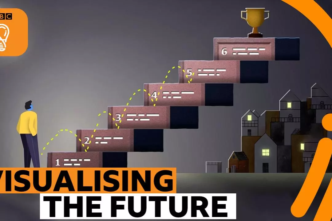 Graphic of person visualising a staircase with steps to achieving a goal (cartoon)