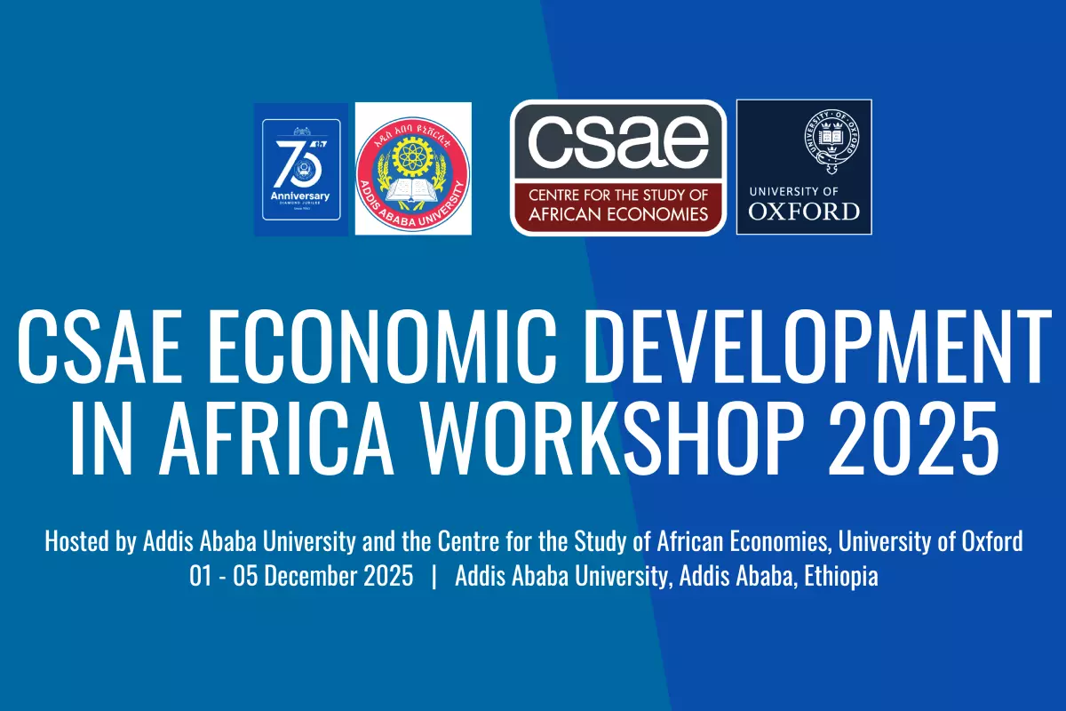 CSAE Economic Development in Africa Workshop 2025 graphic with CSAE and Addis Ababa University logos, pink and white background