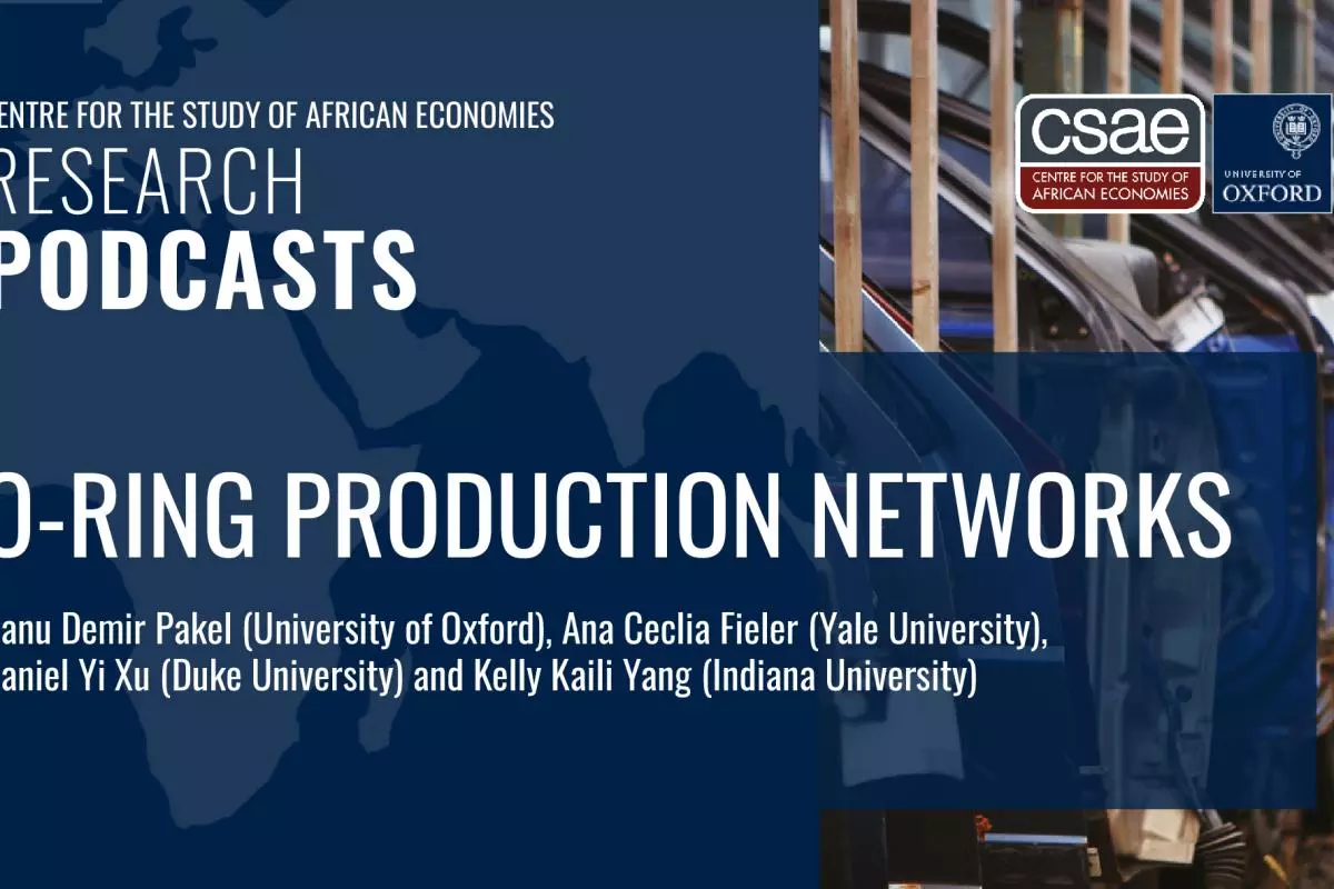 CSAE Research Podcasts Episode 14 graphic O-Ring Production Networks, with photo of car doors lined up in a manufacturing area