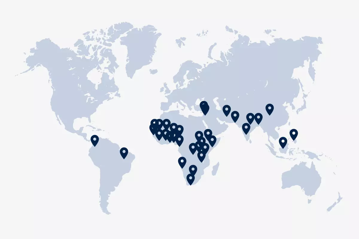 World map with points on countries that the CSAE is working in