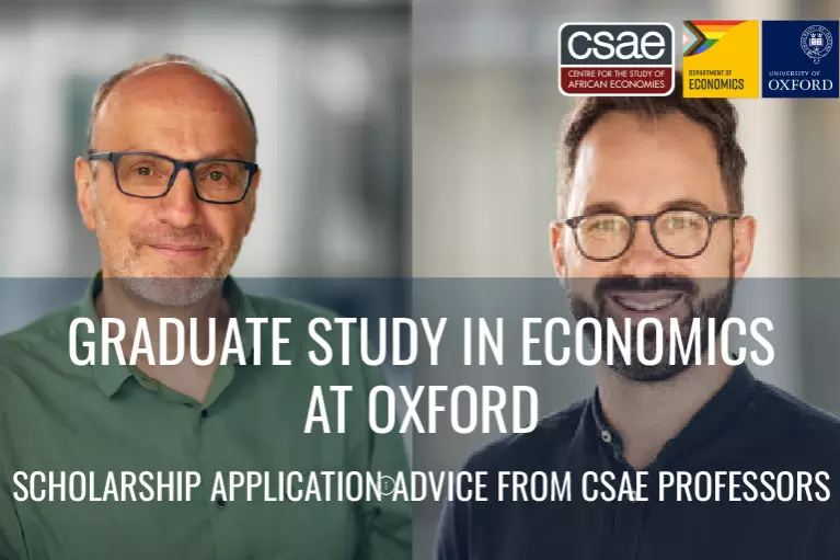 Graphic for scholarships webinar round-up video with photos of Stefan Dercon and Dennis Egger