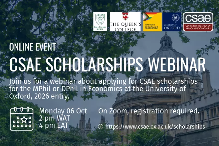 Graphic for CSAE Scholarships Webinar on 06 October 2025. Includes photo of Radcliffe Camera in Oxford