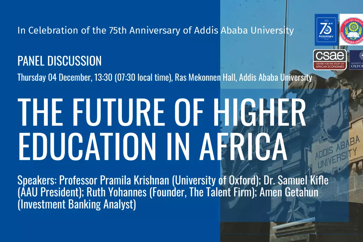 Graphic of panel discussion with blue background and photo of Addis Ababa University building archway