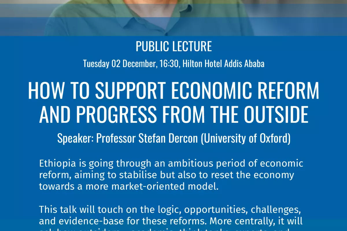 Leaflet for Public Lecture in Addis Ababa on 02 December 2025. Includes photo of Stefan Dercon
